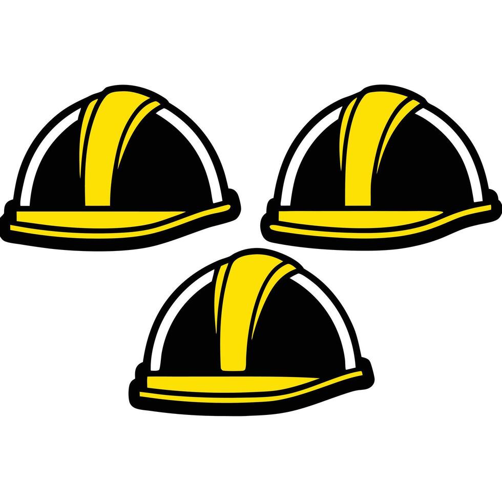 Three black and yellow construction worker safety helmets isolated on a plain white background vector