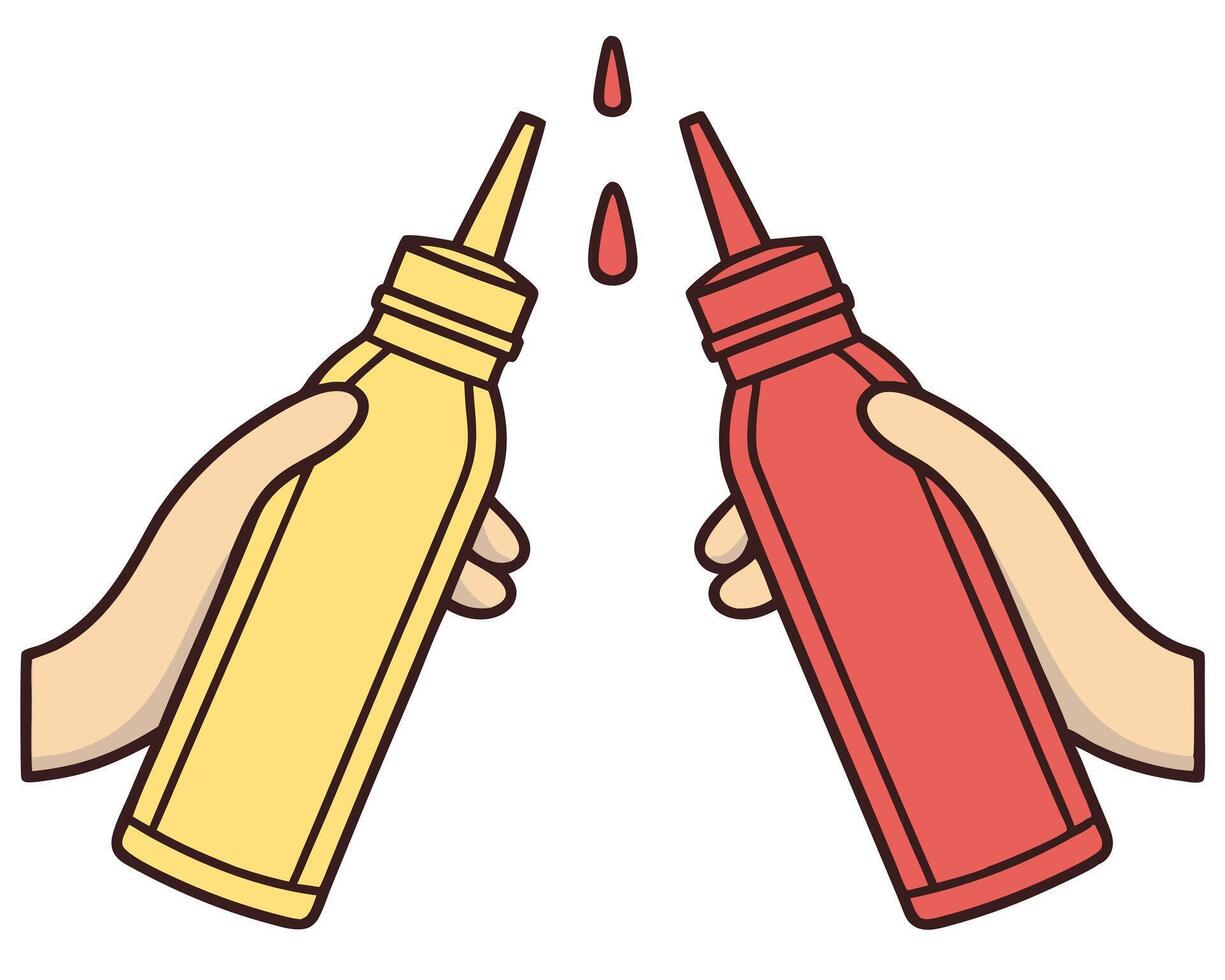 Cartoon illustration of mustard and ketchup bottles being held by two human hands vector