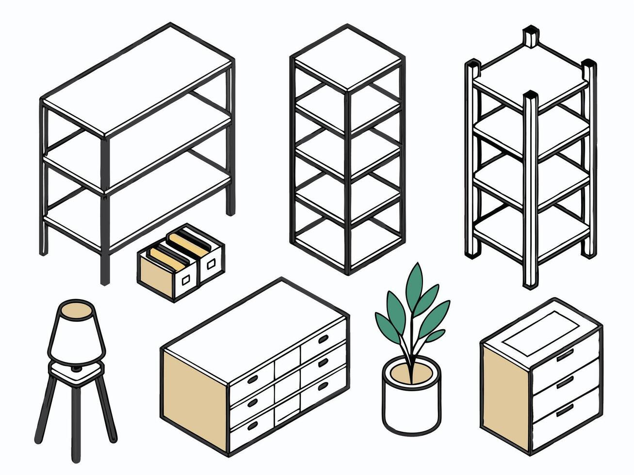 Isometric illustration of various furnishing elements featuring shelves dressers lamp and plant pot vector