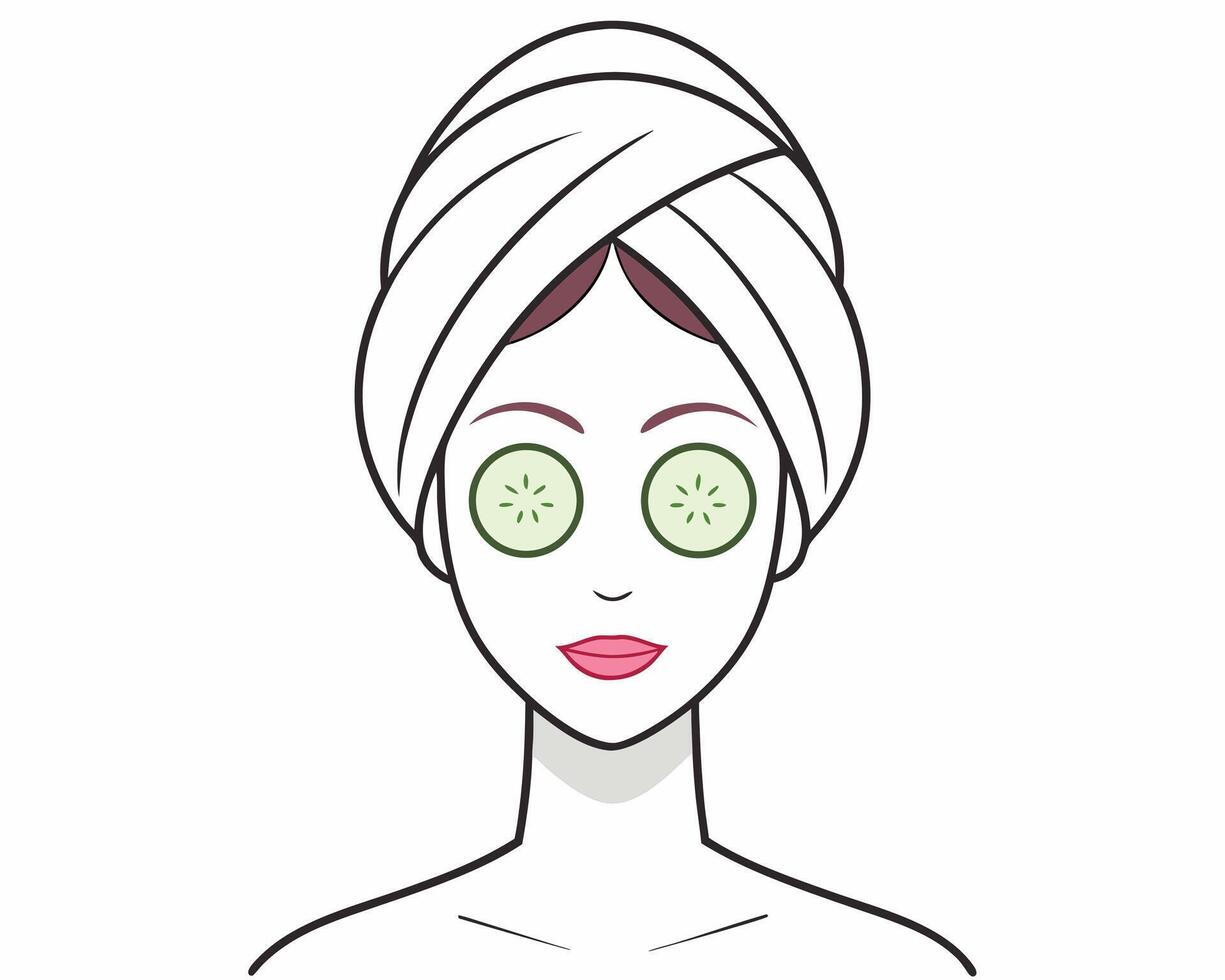 Woman relaxing with cucumber slices on eyes after spa treatment illustration vector