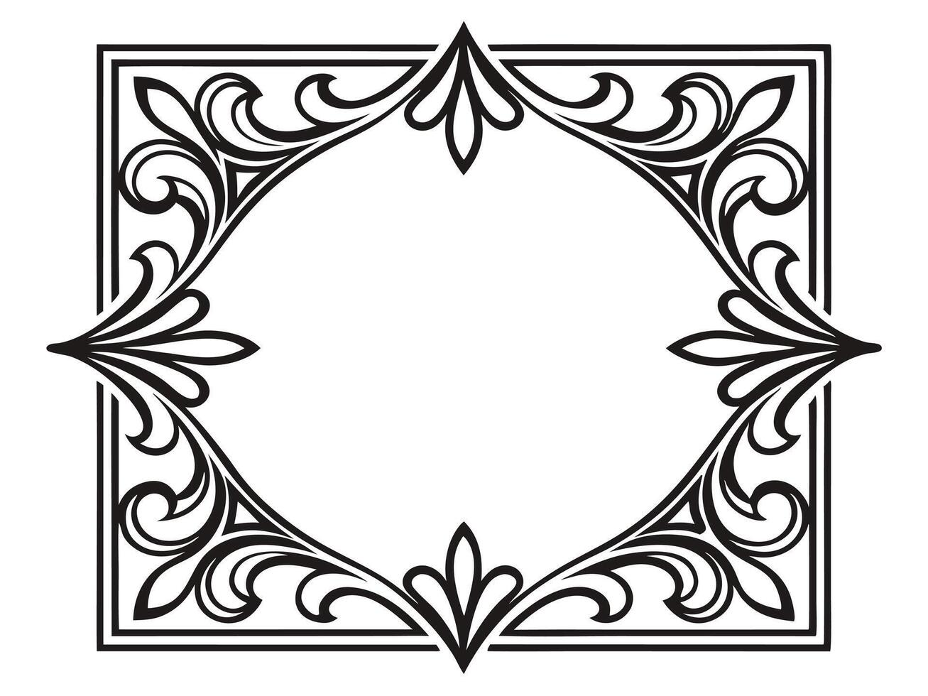 Elegant decorative black floral frame with ornate scrollwork and blank central space on white background vector