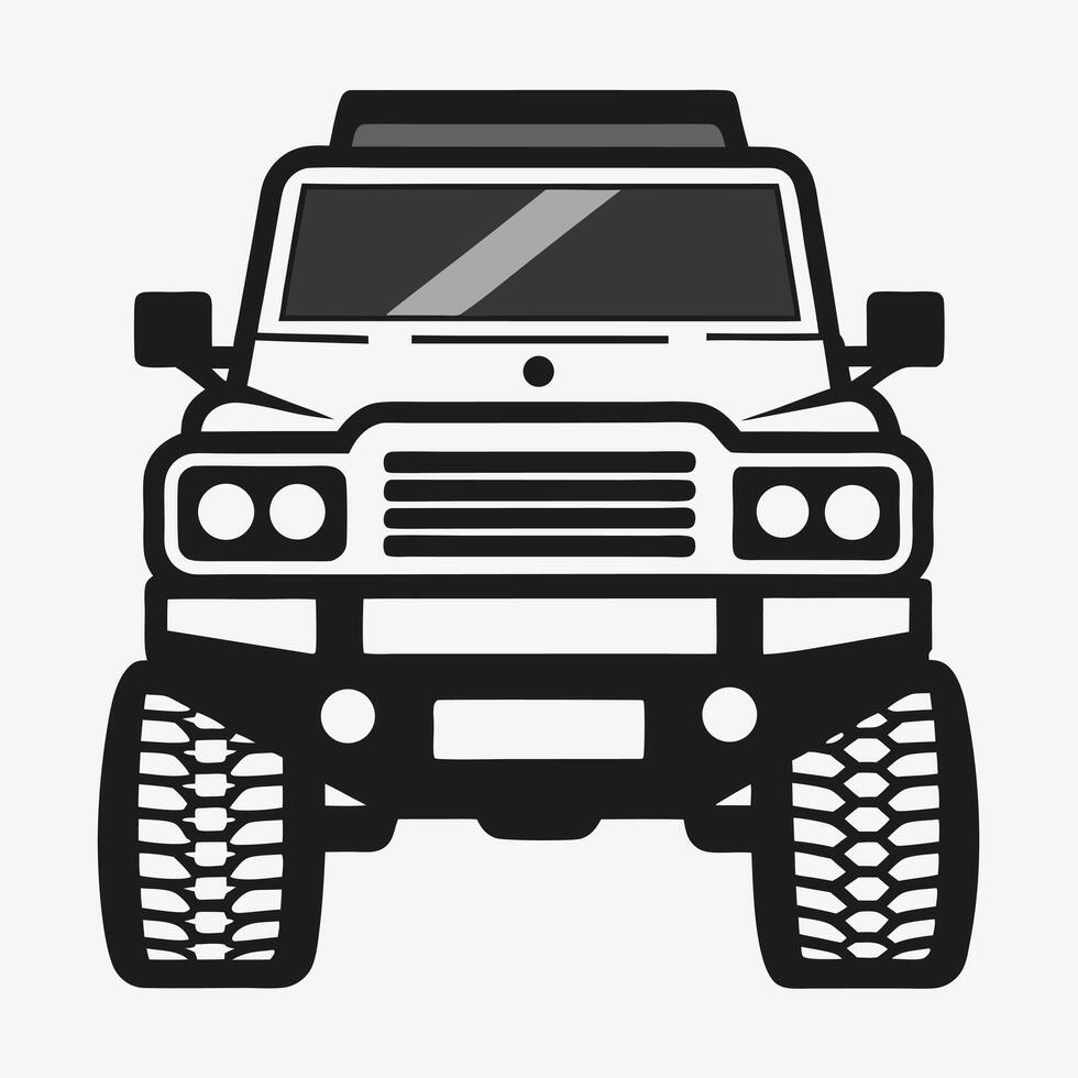 Modern illustration of a front facing detailed offroad 4x4 vehicle in black and white vector