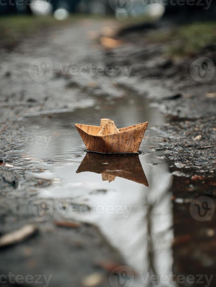 Tiny Paper Boat Navigates a Puddle Carrying a Small Package During a Rainy Day in a Quiet Park photo