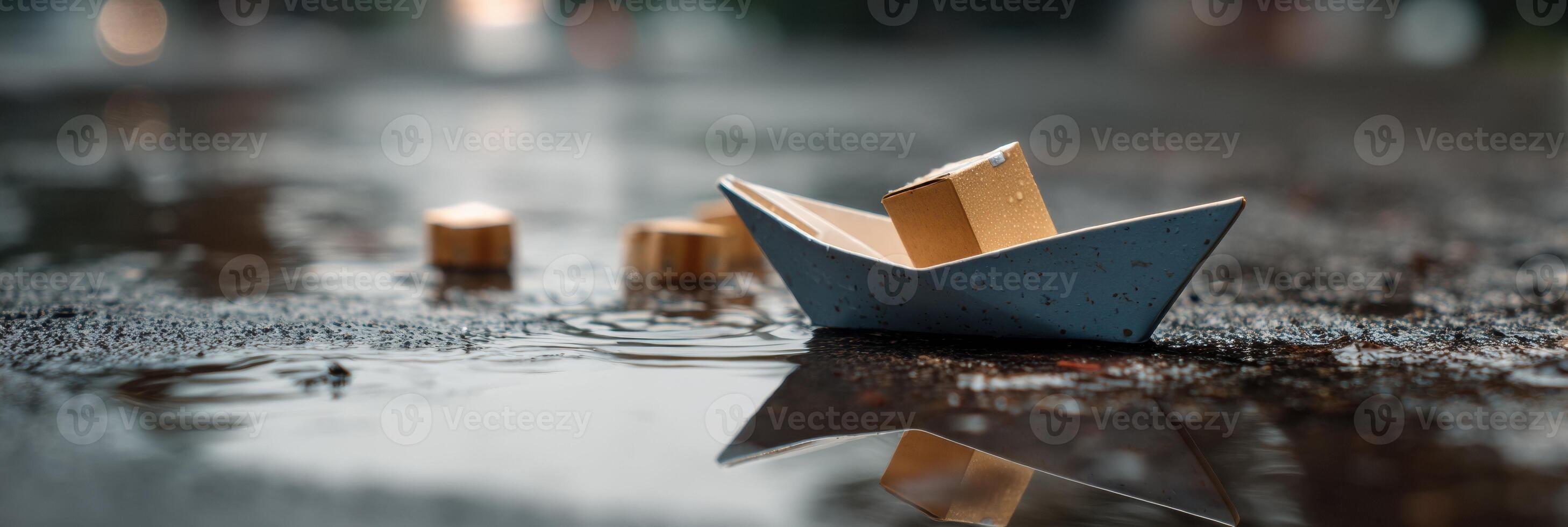 Tiny Paper Boat Navigates Puddle Carrying Small Package on a Rainy Day photo