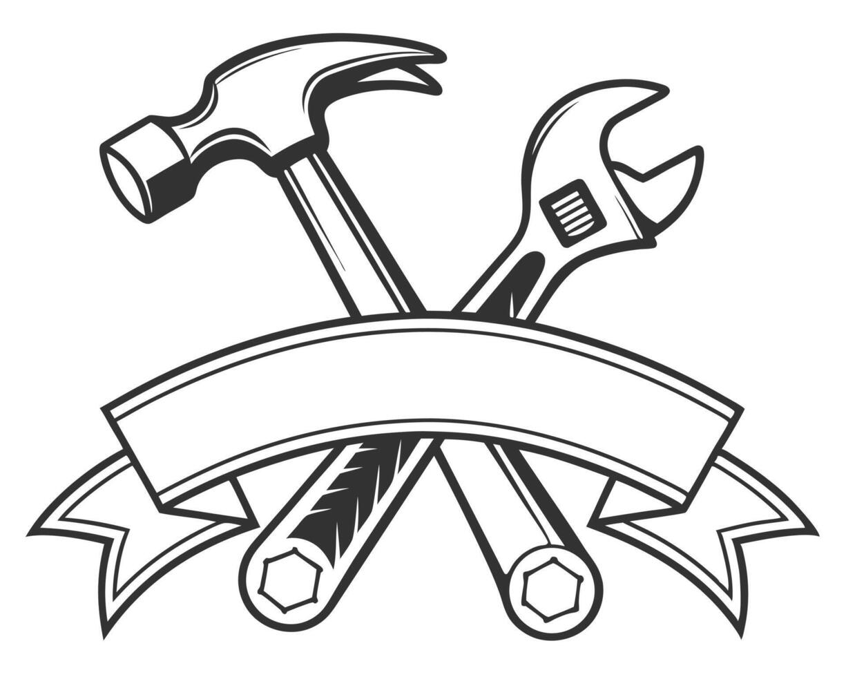 Hammer and wrench crossed with banner emblem for repairs construction or maintenance vector