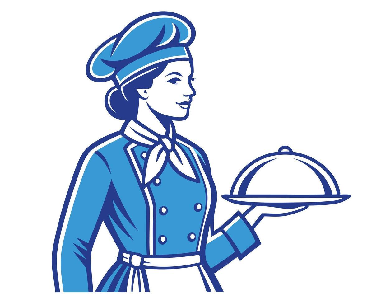 Elegant female chef holding a covered serving tray in a classic blue and white design vector