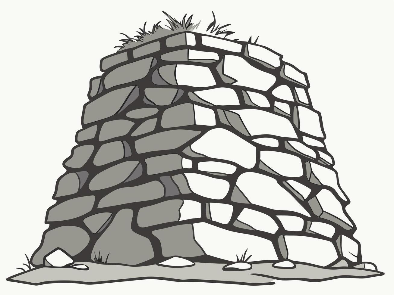 Cartoon illustration of a stacked stone structure with grassy top on light background vector