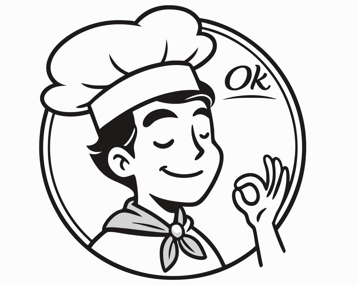 Cartoon chef giving ok sign within circular frame representing culinary excellence and satisfaction vector
