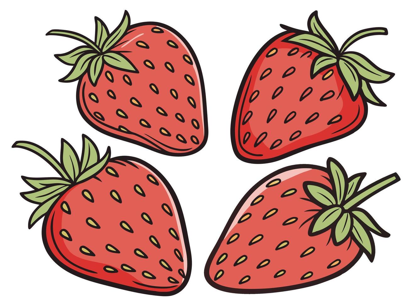 Four vibrant illustrations of delicious strawberries with detailed leaves on a clean white background vector