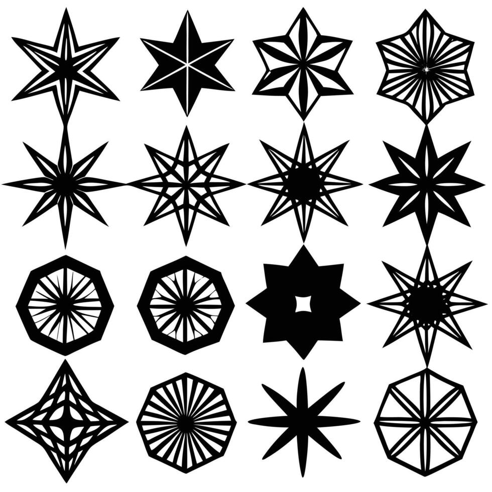 Black and white geometric star shapes collection featuring decorative, ornamental, and abstract designs vector