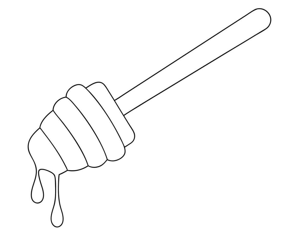 Black and white drawing of a honey dipper with dripping honey illustration isolated on white. vector