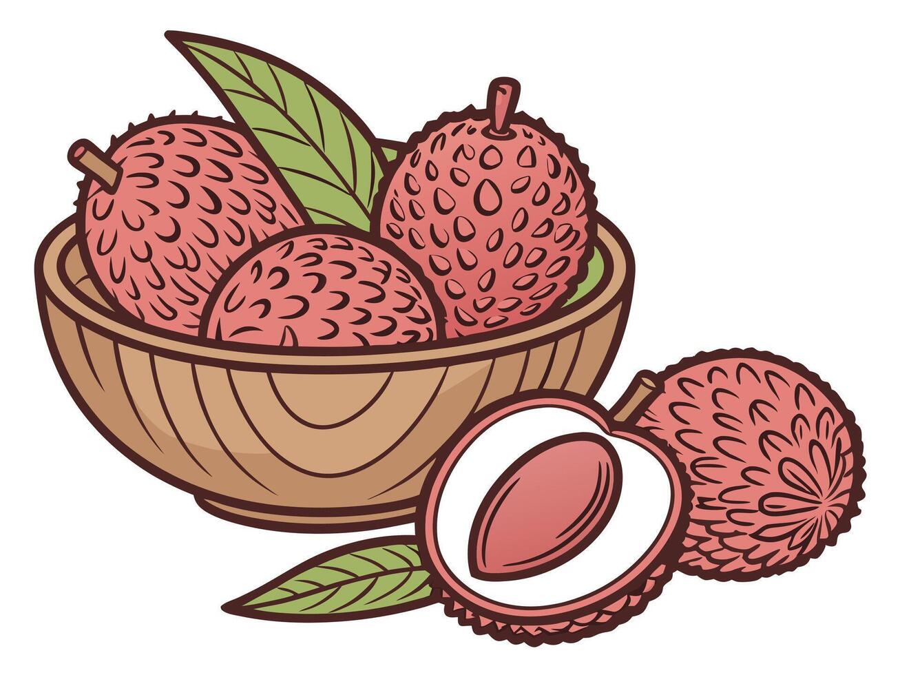 Illustration of freshly harvested lychee fruits in a wooden bowl with green leaves vector