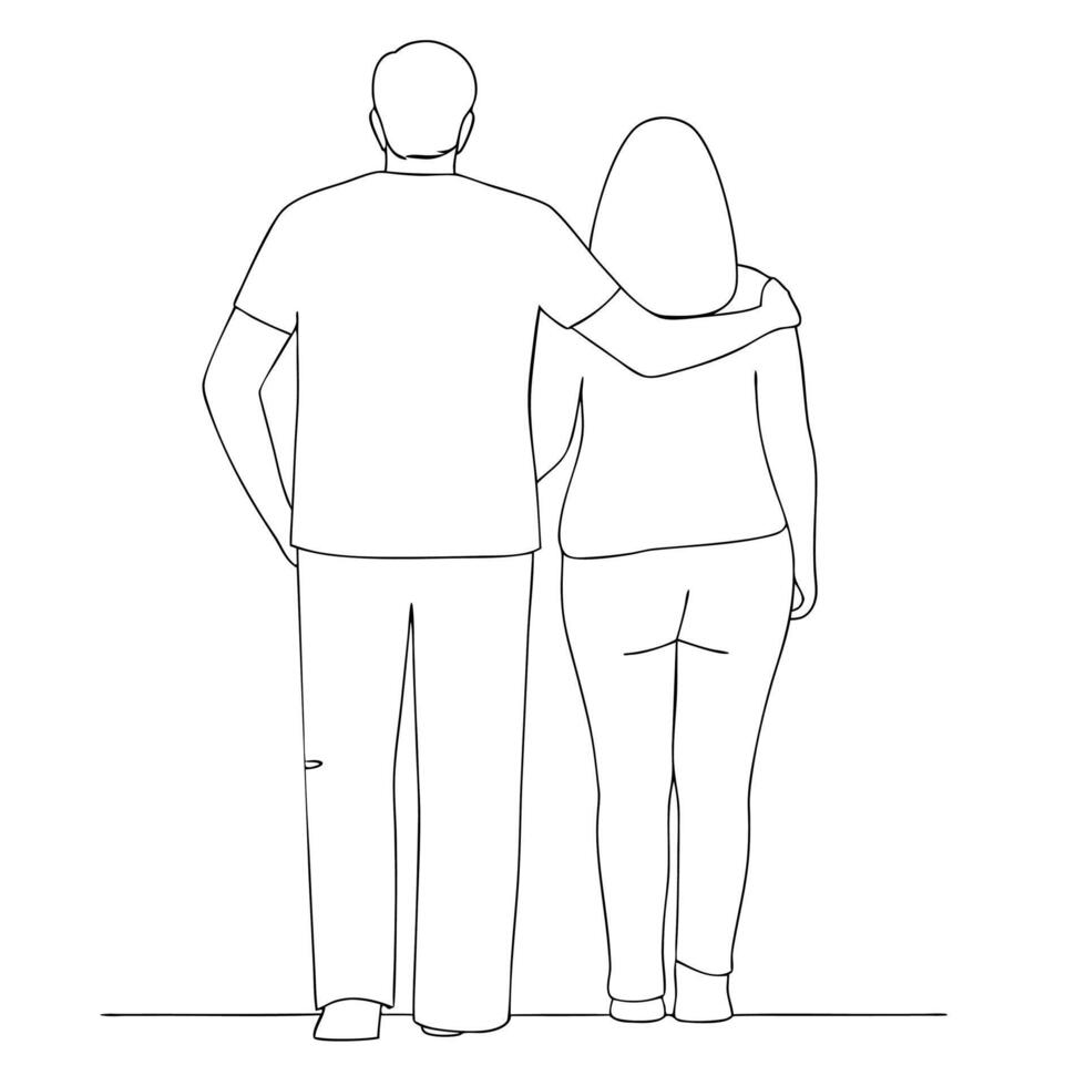 Simple line art illustration of a couple standing with arms around each other vector