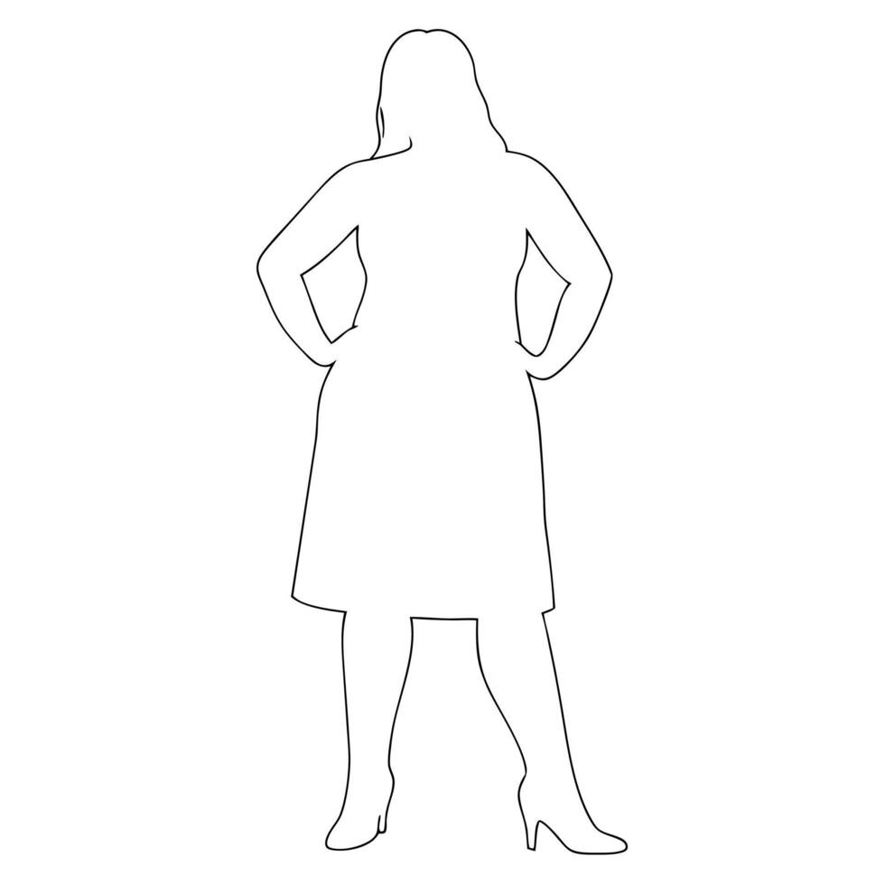 Outline silhouette of a confident woman posing with hands on hips in black and white vector