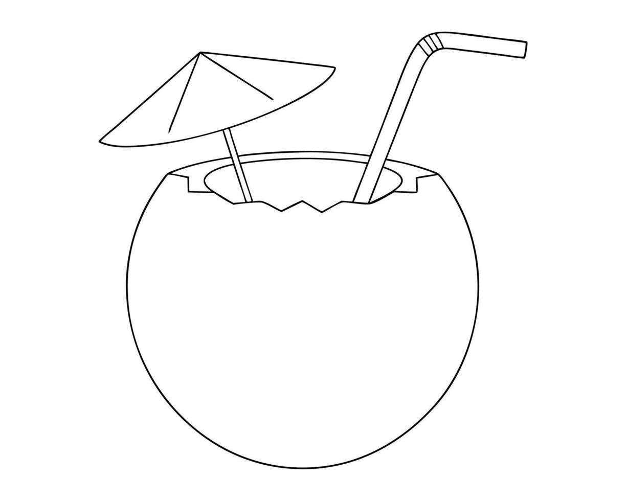 Outline illustration of a fresh coconut drink with straw and decorative umbrella for summer vector