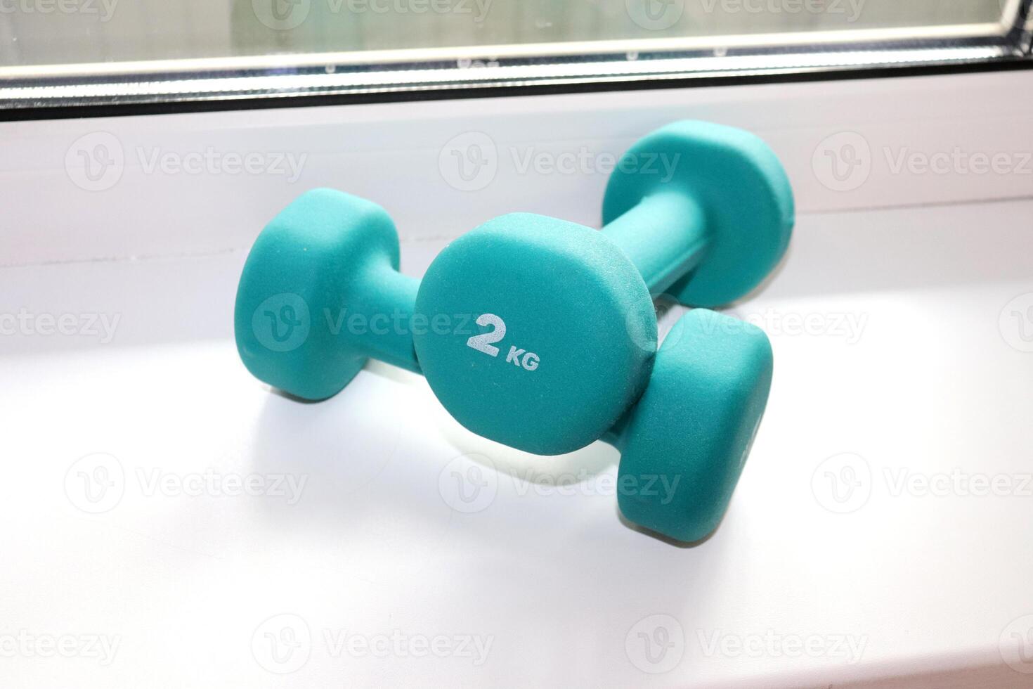 Two 2kg sea-green dumbbells photo