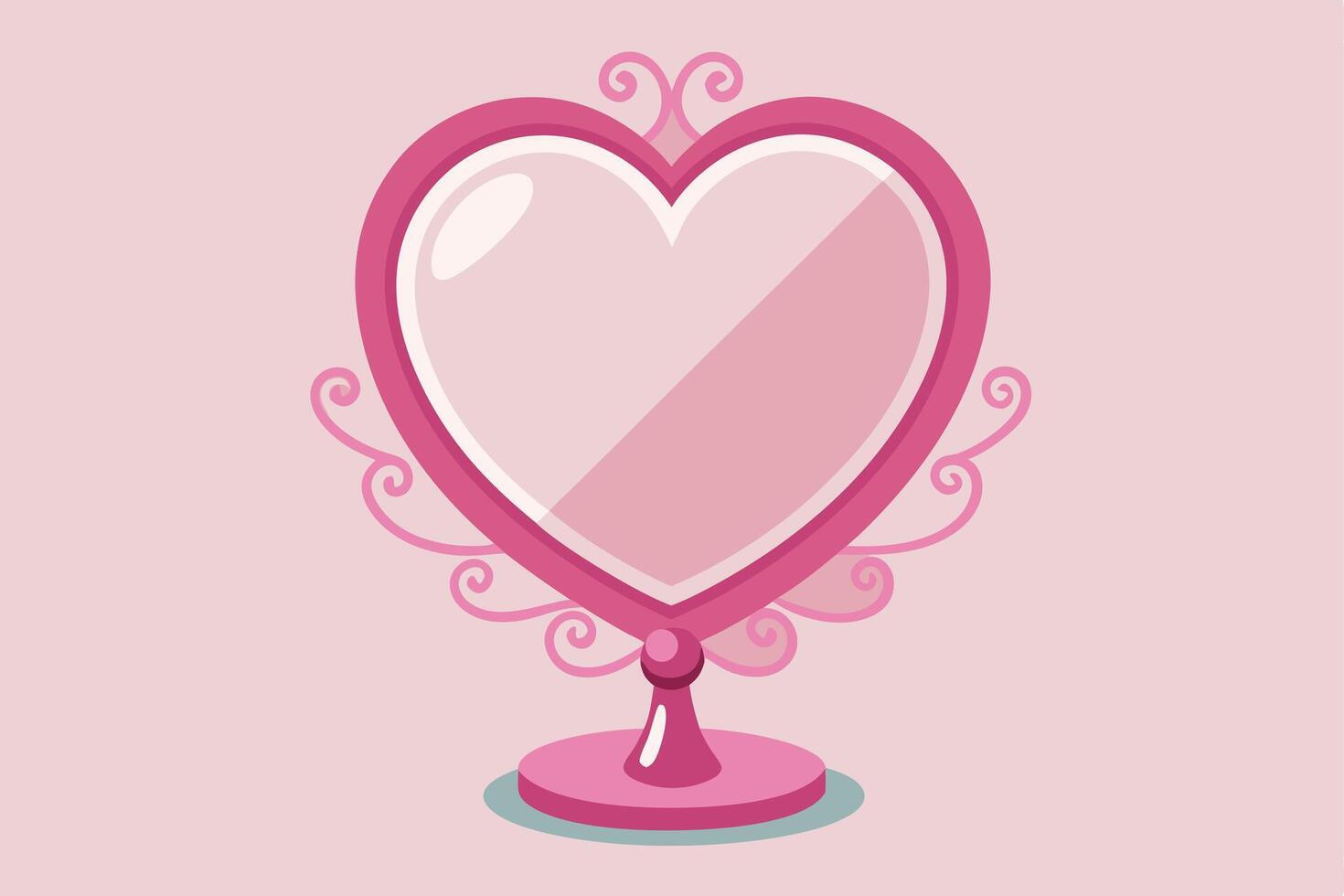 Elegant pink heart-shaped mirror with decorative swirls and stand design vector
