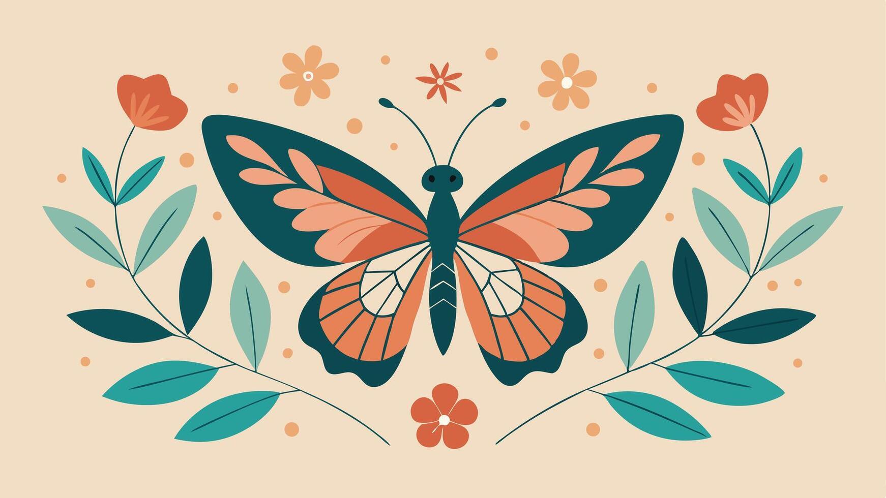 Flat illustration of a colorful butterfly with flowers and foliage design vector