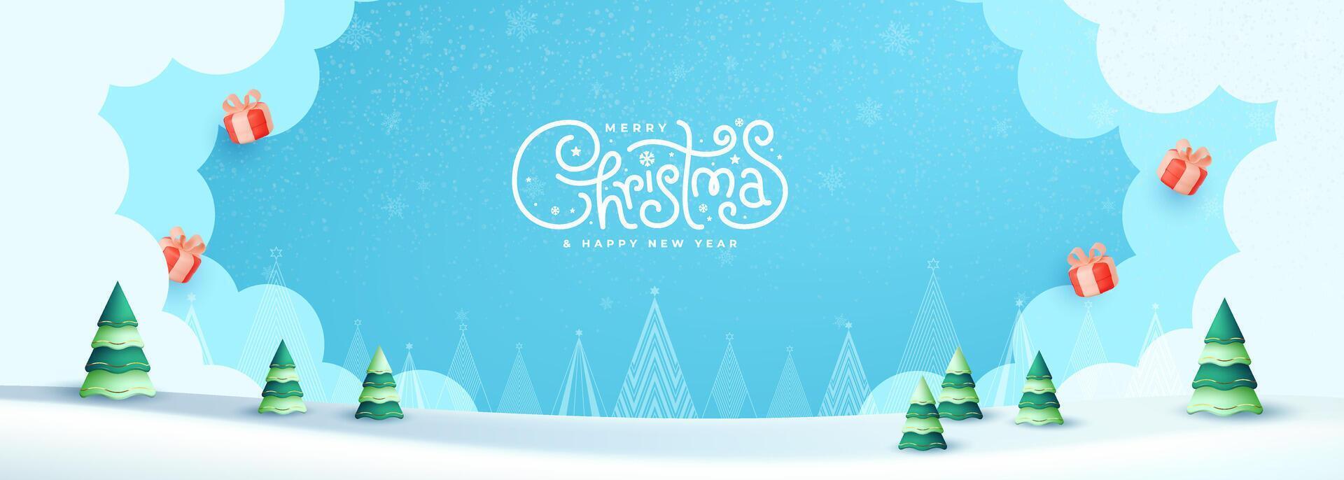 Merry Christmas and Happy New Year greeting card featuring a cute snowman in a snowy winter landscape with falling snow. A festive and cheerful holiday scene. vector