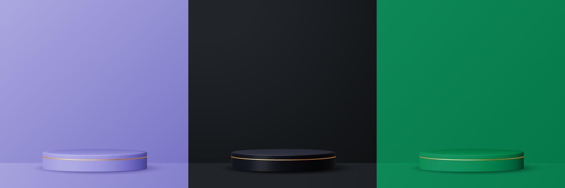 3D realistic podium display set in three color variations. purple, black, and green. vector