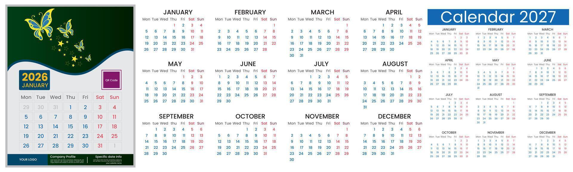 Calendar design 2026, 2027 year. Calendar set template design for 2026 and 2027 year. Monthly calendar layout for 2026 and 2027 year and week start on Monday vector