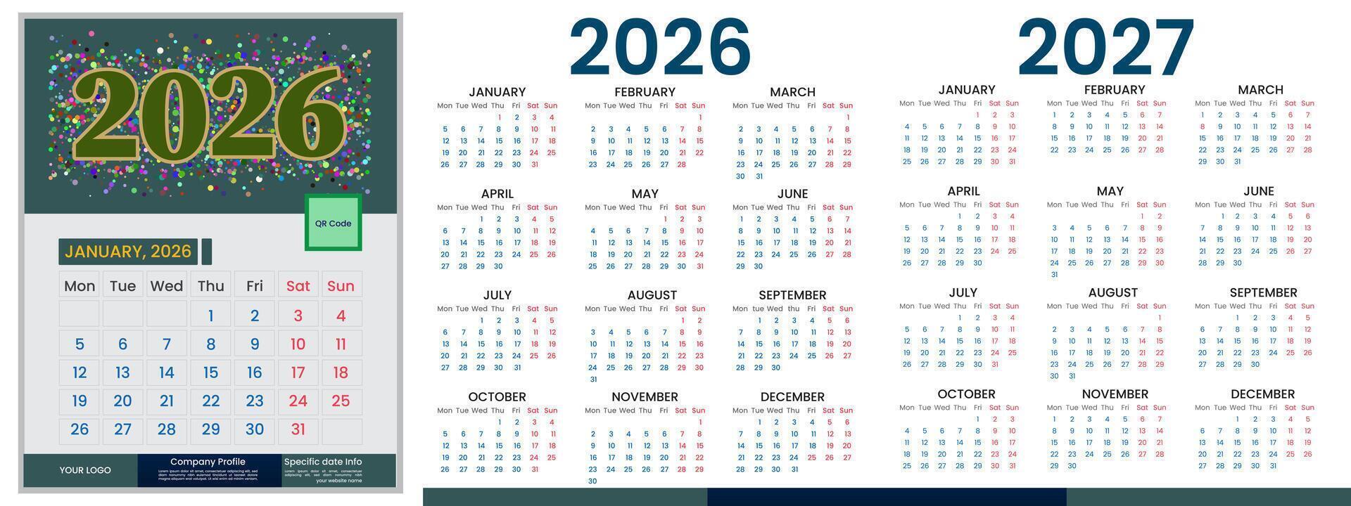 Realistic calendar design 2026, 2027 year. Calendar illustration template design for 2026 and 2027 year. Monthly calendar layout for 2026 and 2027 year and week start on Monday vector