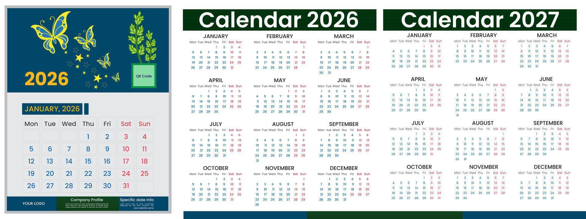 Trending calendar design 2026, 2027 year. Calendar set template design for 2026 and 2027 year. Monthly calendar layout for 2026 and 2027 year and week start on Monday. Calendar design vector