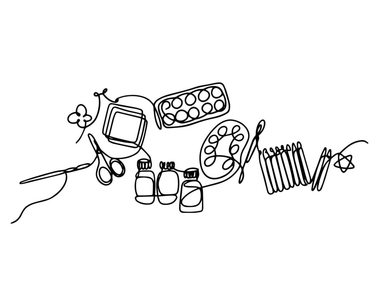 Illustration with a set of items for children's creativity, hand-drawn in line art style. vector