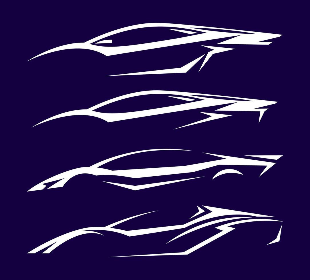 Futuristic dynamic sports car silhouettes set in white lines on dark background for automotive logo or design elements vector