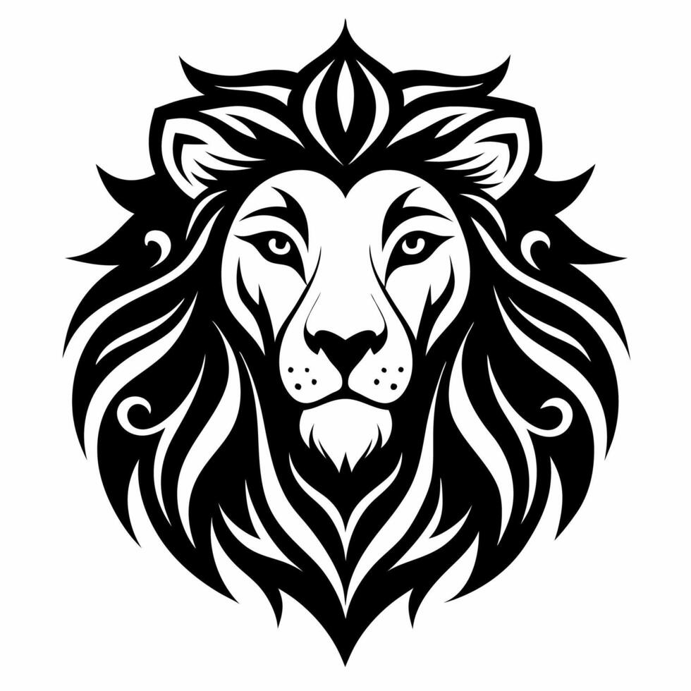 Black and white illustration of a lion's head with intricate details vector