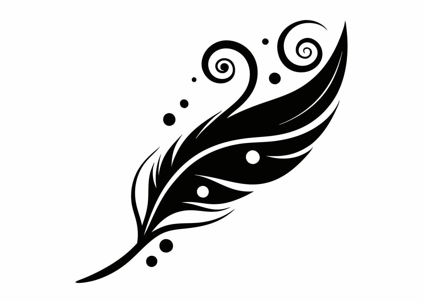 Elegant black and white ornamental feather with swirls dots and graceful lines in decorative style vector