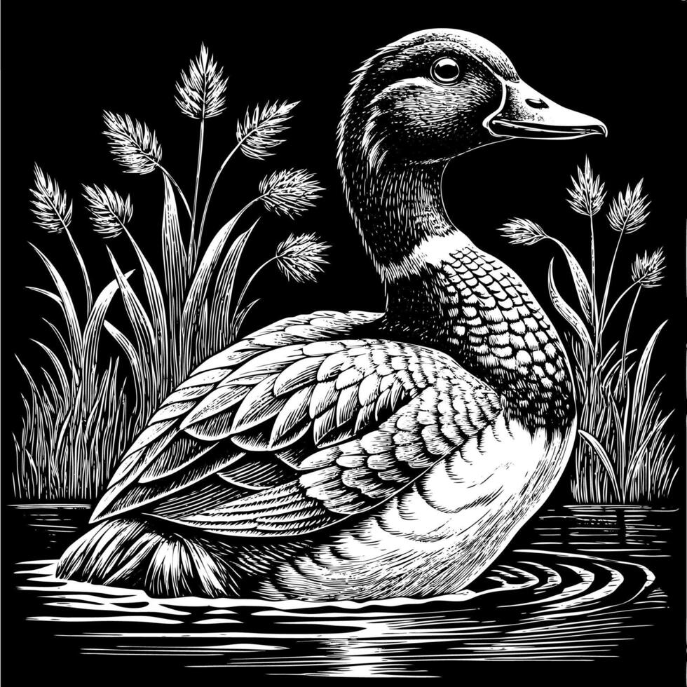 Detailed Monochrome Drawing of a Duck in Water Surrounded by Tall Grass vector