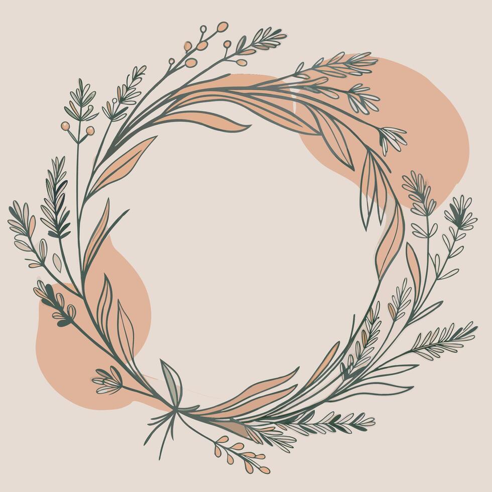 Delicate botanical wreath with soft peach and green foliage vector