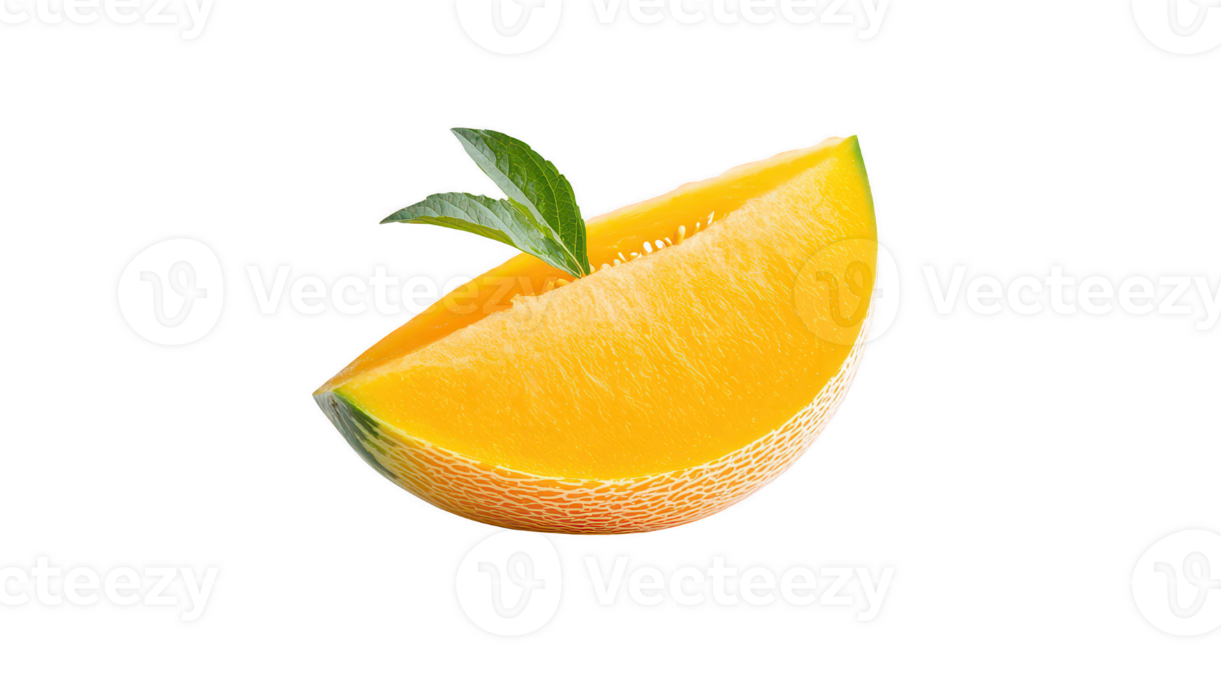 Ripe Cantaloupe Melon Slice with Green Leaves on Transparent Background png