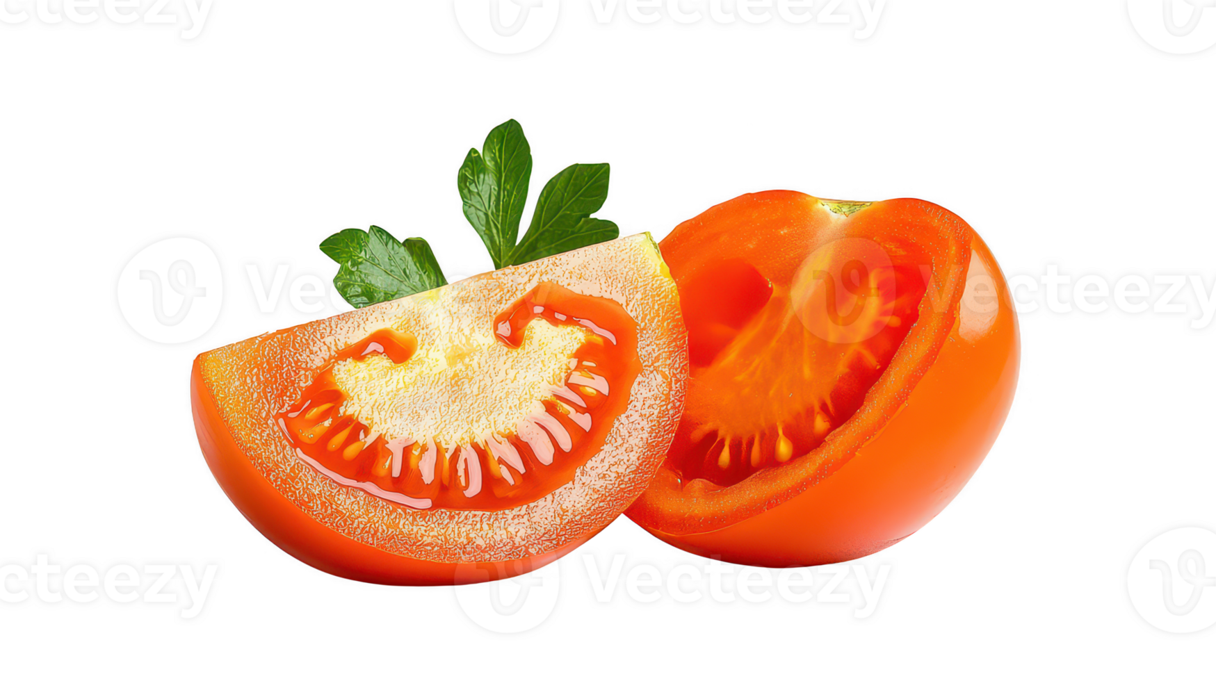 Ripe Red Tomato Halves with Parsley Sprig on Transparent Background png