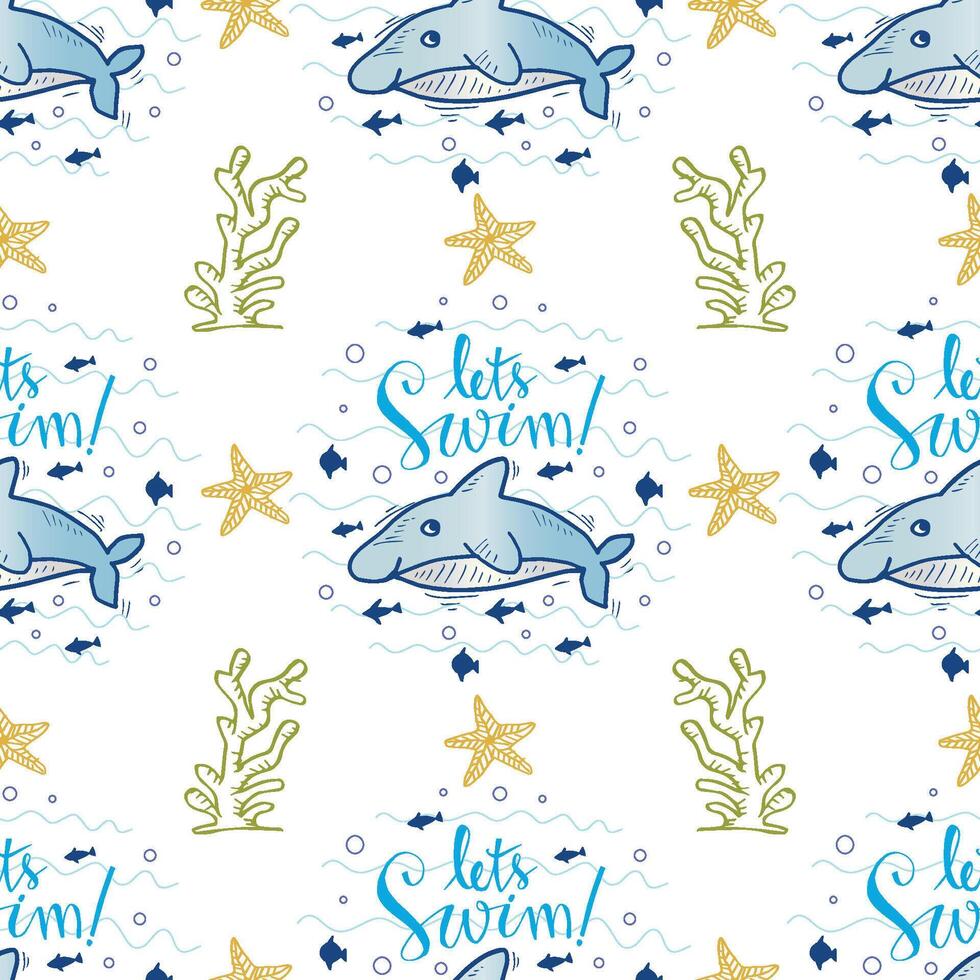 Seamless pattern with whale, starfish, seaweed and lettering. vector