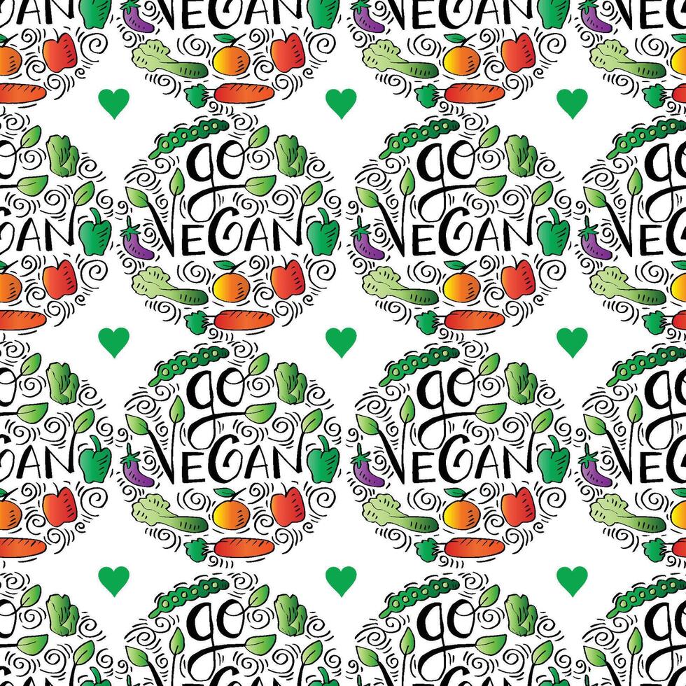 Seamless pattern with hand drawn vegetables and lettering go vegan . vector