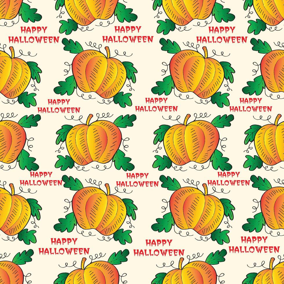 Seamless pattern with pumpkins and text Happy Halloween. vector