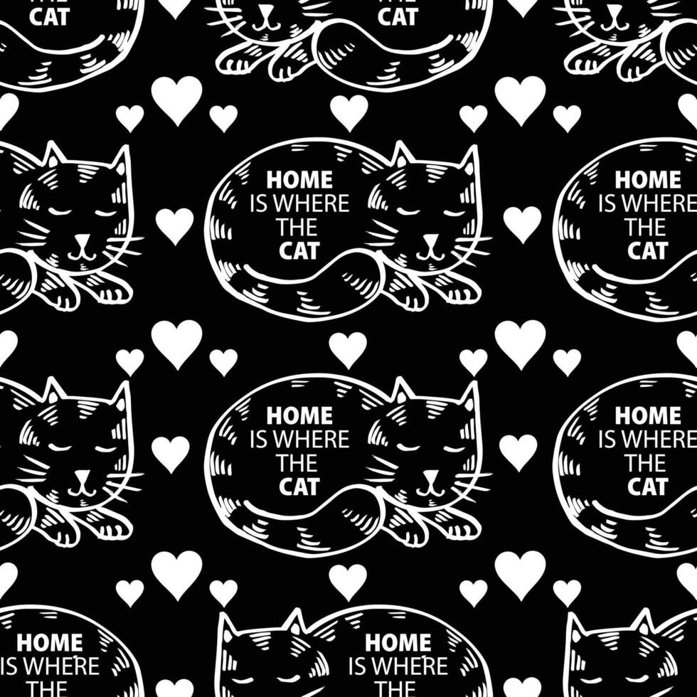 Seamless pattern with home is where the cat lettering, and hearts. vector