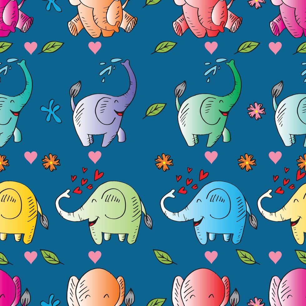 Seamless pattern with cute elephants and flowers on dark blue background.. vector