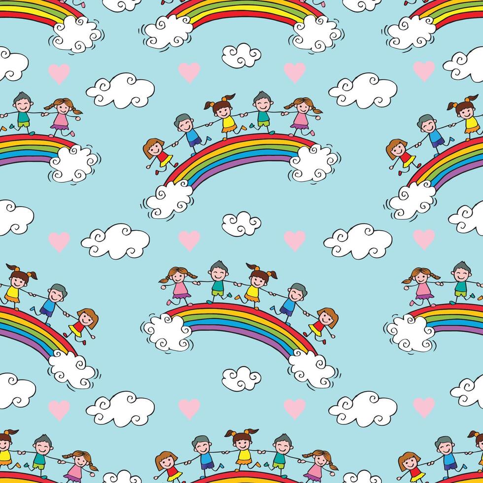 Seamless pattern with happy children and rainbow. Blue background. vector