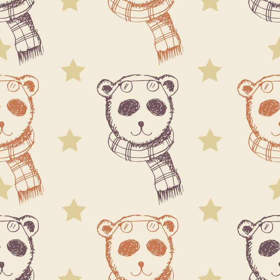 Seamless pattern with cute panda bear in scarf. vector