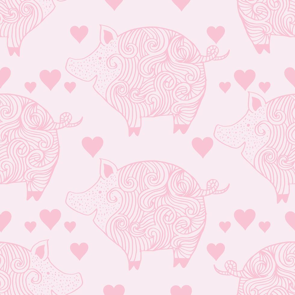Seamless pattern with cute pink pig and hearts. vector