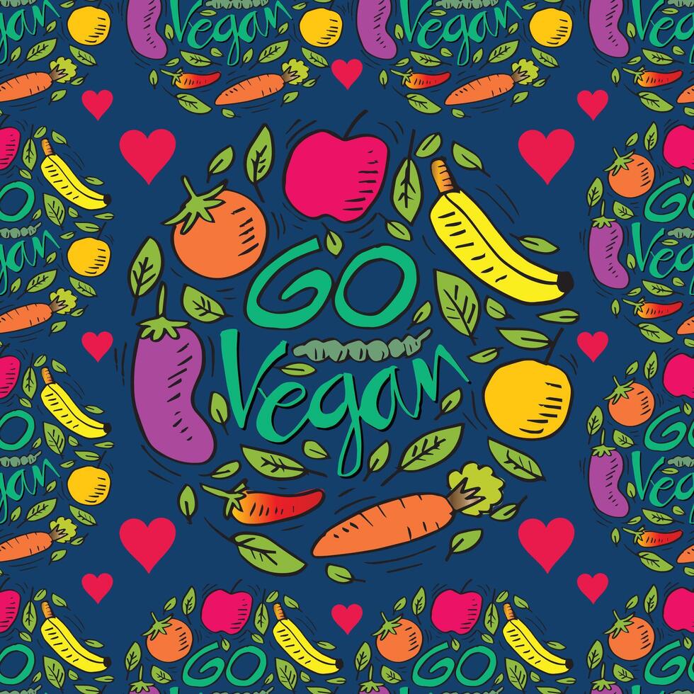 Seamless pattern with hand drawn vegetables, fruits. and lettering go vegan. vector