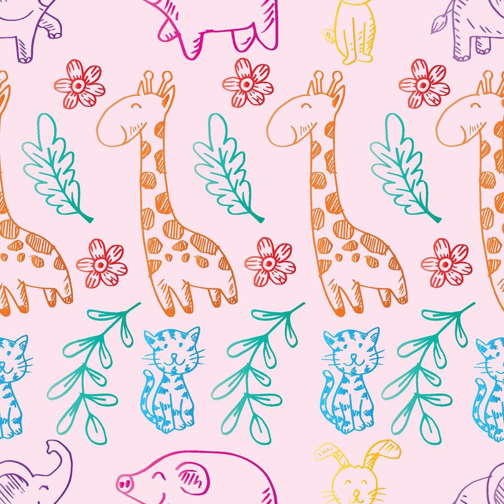 Seamless pattern with cute hand drawn animals on pink background.. vector