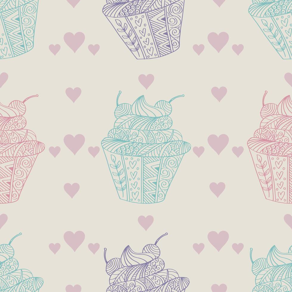 Seamless pattern with cupcakes and hearts. vector
