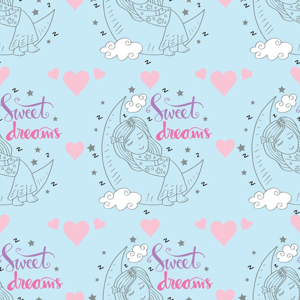 Seamless pattern with cute girl sleeping on the moon. vector
