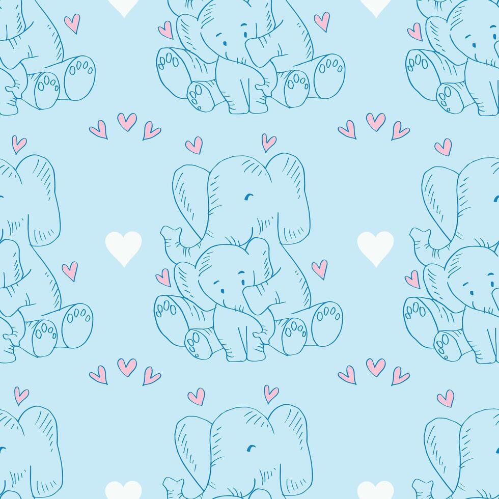 Seamless pattern with cute elephants and hearts. Blue background. vector
