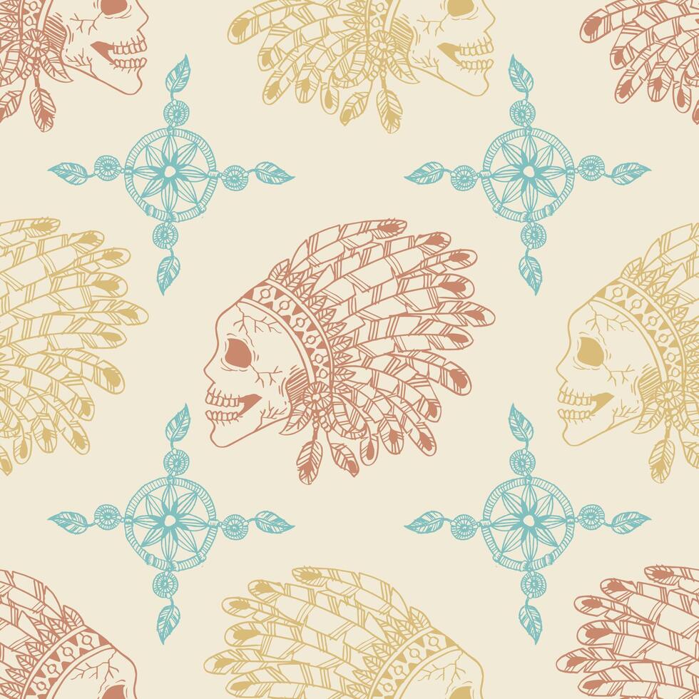 Seamless pattern with hand drawn indian skull and feathers. vector