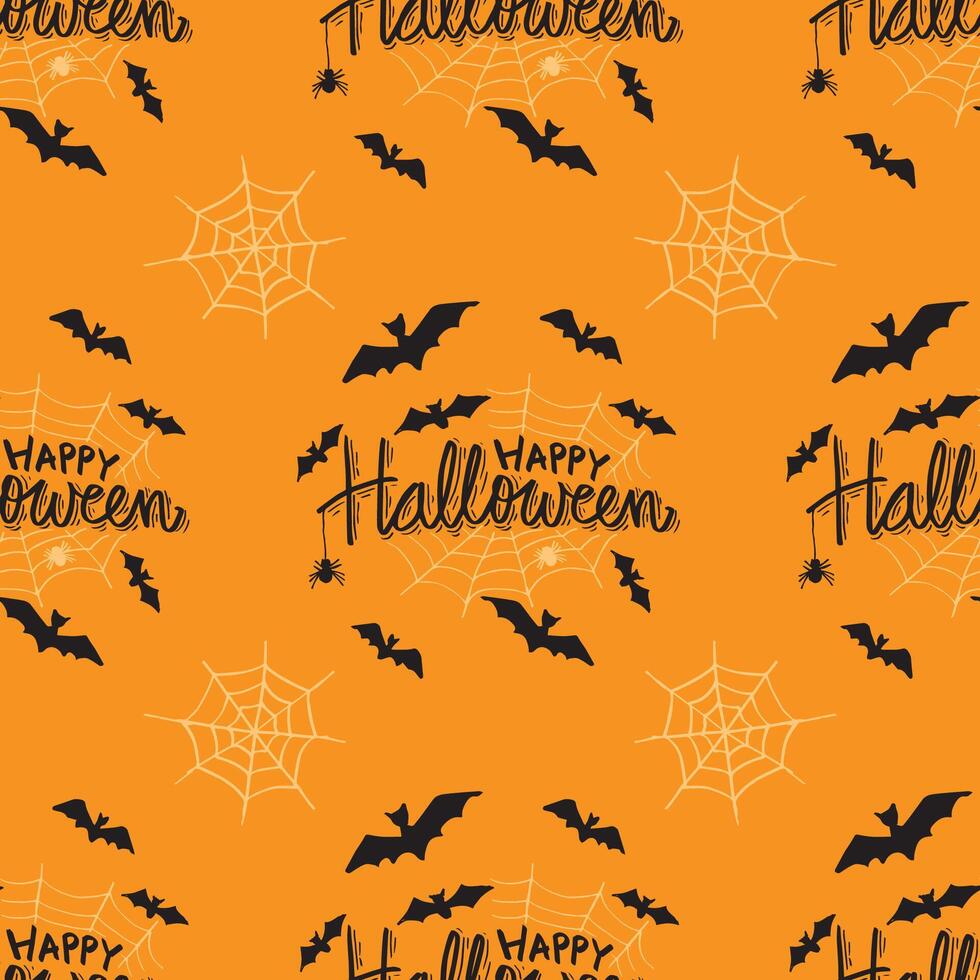 Halloween seamless pattern with bats and cobwebs on orange background vector
